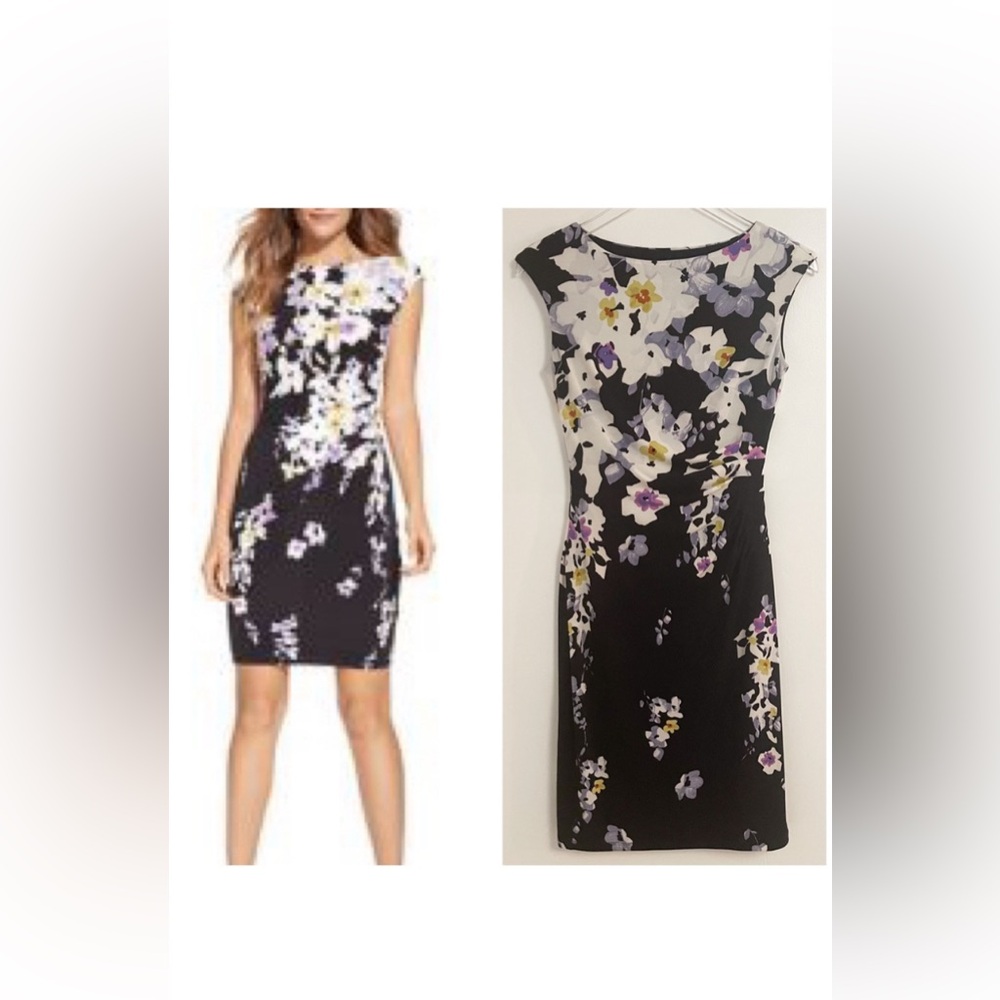 Lauren Ralph Lauren Black Floral Cap Sleeves Dress Sheath Novellina 2 NEW NWOT
